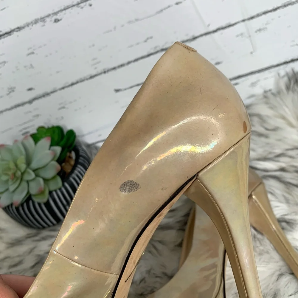 BRIAN ATWOOD Nude Designer Patent Leather Open Toe Platform Heels *AS IS*, 8